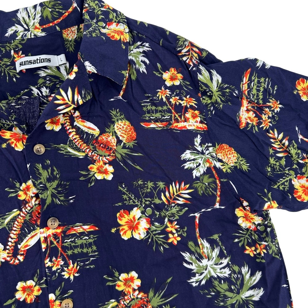 Sunsations Mens Hawaiian Shirt Large Navy Blue Tropical Pineapple Hibiscus Print